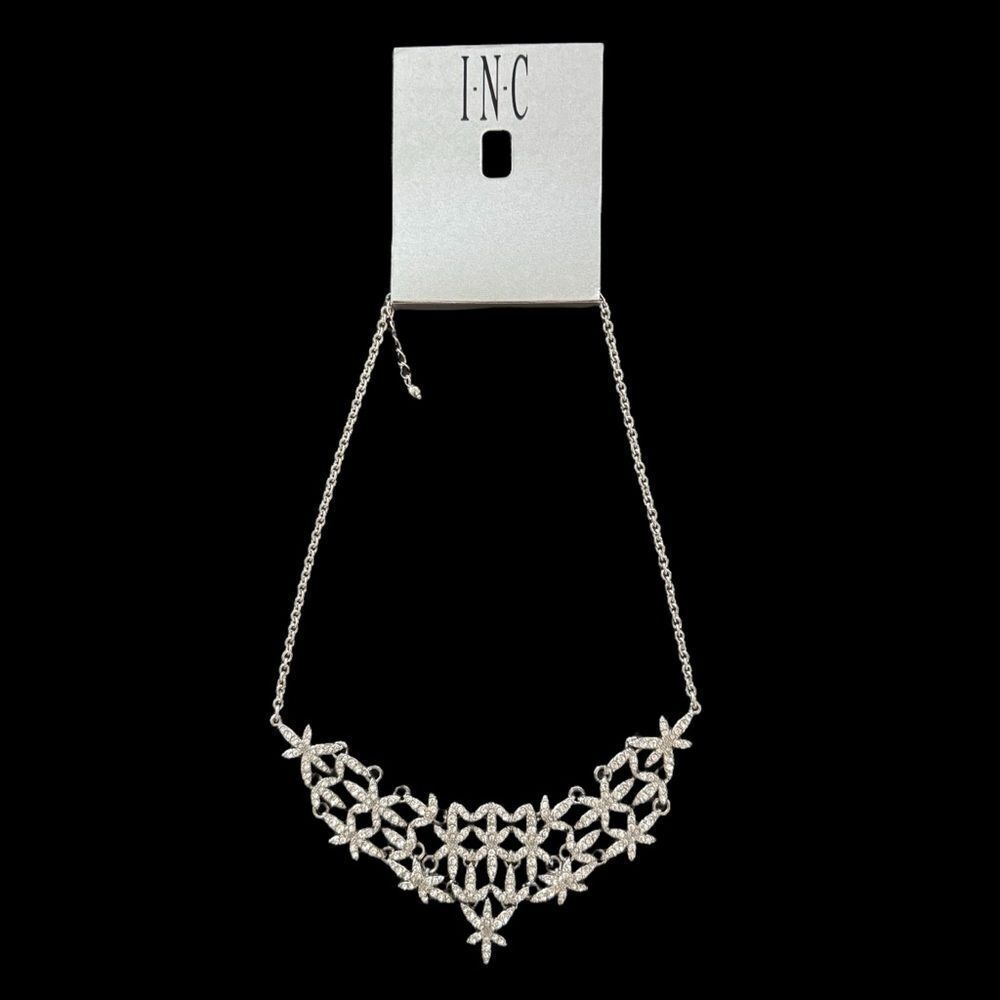 INC International Concepts Silver Rhinestone Floral Statement Bib Necklace NWT